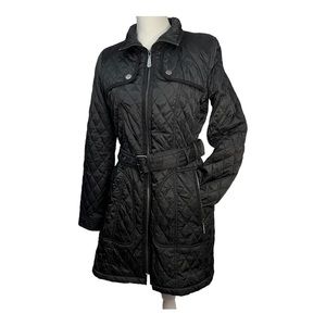 Vince Camuto Women's Quilted Jacket Size Small Belted Black Faux Suede Trim